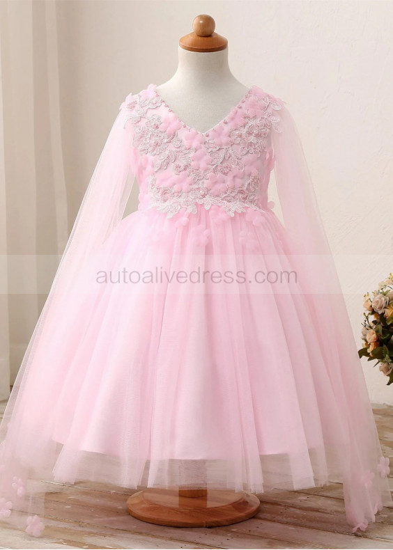 Long Sleeves Pink Pearl Embellished Flower Girl Dress